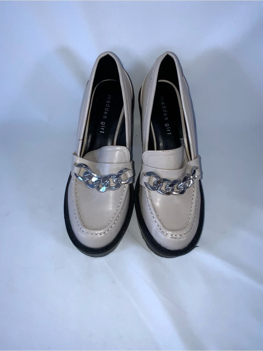Madden Girl cream loafers with silver chain detail